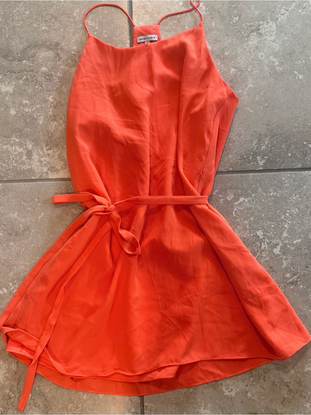 Naked Zebra Coral-Orange Spaghetti Strap Tie-Waist Dress